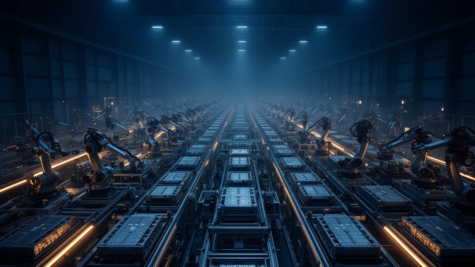 Modern battery gigafactory interior with automated manufacturing lines
